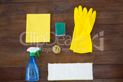 Overhead view of cleaning products on table