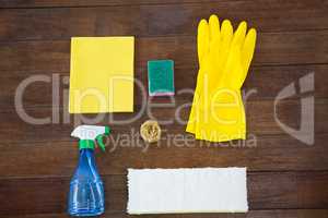 Overhead view of cleaning products on table