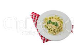 High angle view of pasta served with sauce in plate