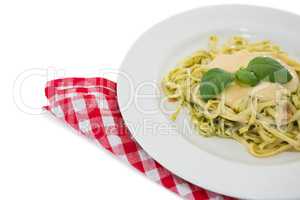 Close up of cooked pasta in plate
