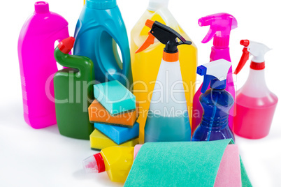 of cleaning liquid bottles and wipe pads