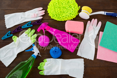 High angle view of cleaning products on table
