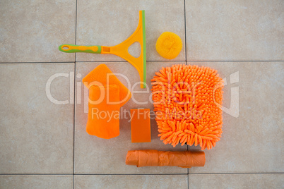 Overhead view of orange cleaning products