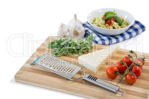 High angle view of food on cutting board