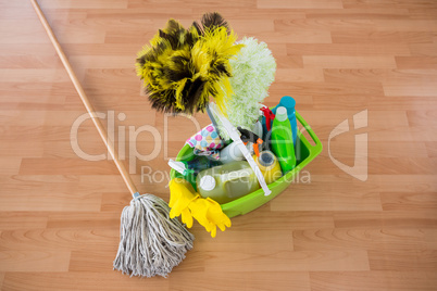 High angle view of mop and cleaning equipment in bucket