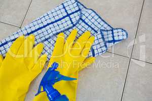 Overhead view of gloves with napkin and spry on floor
