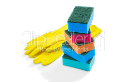 Close up of colorful sponges and gloves