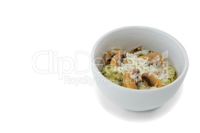 High angle view of prepared pasta served in bowl