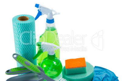 Close up of cleaning equipment with spray bottle