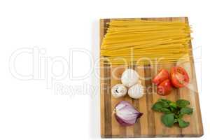 Overhead view of vegetable and spaghetti