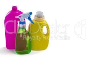High angle view of colorful cleaning bottles