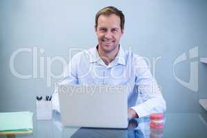 Portrait of smiling dentist working on laptop