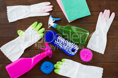 Overhead view of cleaning equipment on table