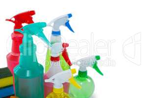 High angle view of colorful spray bottles