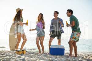 Friends having drink while dancing on shore at beach