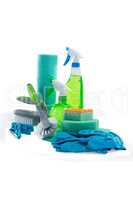 Cleaning products on white background