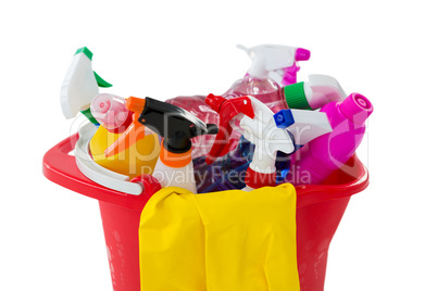 Close up of cleaning products in bucket