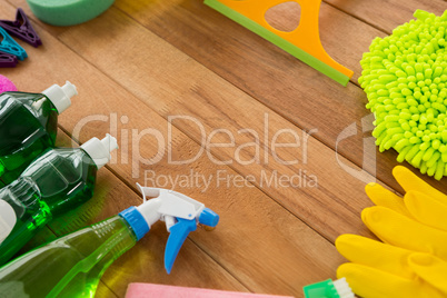 High angle view of various cleaning products