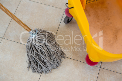 Overhead view of mop by bucket