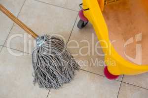 Overhead view of mop by bucket