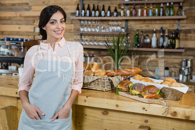 Portrait of waitress leaning at counter