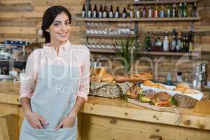 Portrait of waitress leaning at counter
