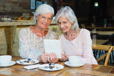 Two senior women using digital tablet