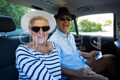 Cheerful senior couple sitting in car