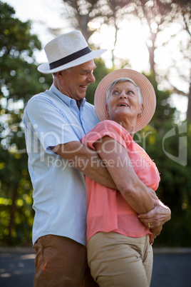 Senior couple embracing on roadside