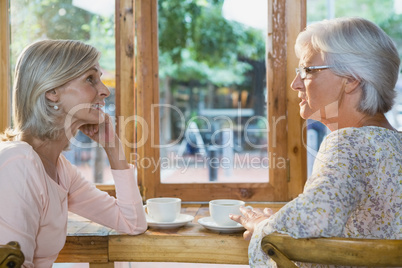 Senior friends interacting while having coffee
