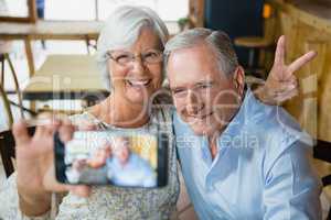 Happy senior couple taking selfie on mobile phone