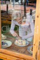 High angle view of woman looking at cupcakes