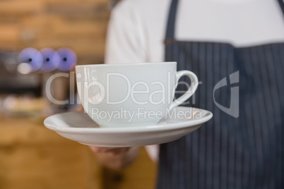 Mid section of waiter offering cup of coffee