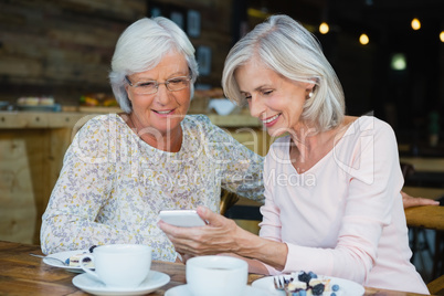 Two senior women using mobile phone