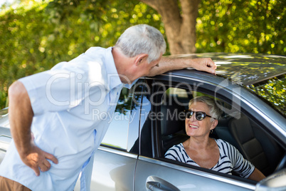 Senior man talking to woman sitting in car