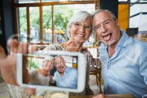 Happy senior couple taking selfie on mobile phone