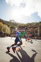 Basketball players practicing dribbling drill