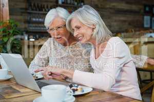 Two senior women using laptop