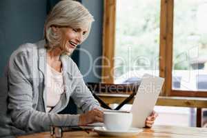 Smiling woman using laptop computer while sitting at table