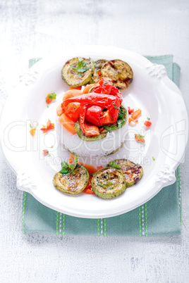 Rice timbale with fried zucchini