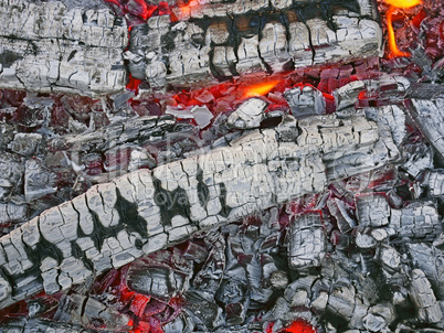 Firewood with red-hot smoldering charcoal