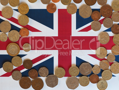 Pound coins, United Kingdom over flag
