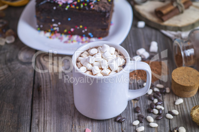 Hot chocolate with marshmallows in a white mug