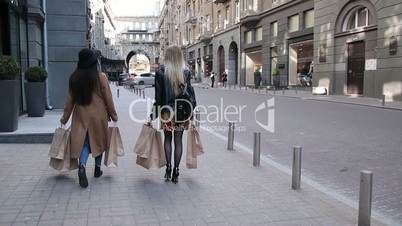 Two happy girlfriends on shopping with bags