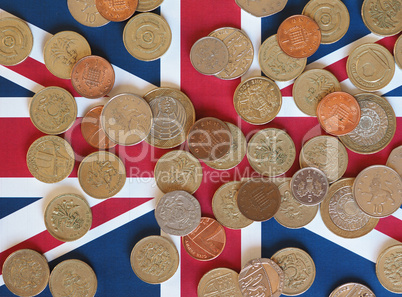 Pound coins, United Kingdom over flag Pound coins, United Kingdom over flag