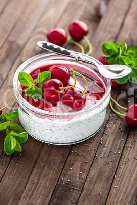 Fresh yogurt with cherry and chia seeds, delicious dessert for healthy breakfast