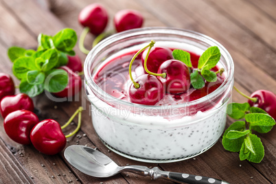 Fresh yogurt with cherry and chia seeds, delicious dessert for healthy breakfast