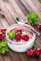 Fresh yogurt with cherry and chia seeds, delicious dessert for healthy breakfast