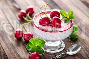 Fresh yogurt with cherry and chia seeds, delicious dessert for healthy breakfast