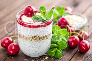 Fresh cherry yogurt with oats and chia seeds, delicious dessert for healthy breakfast